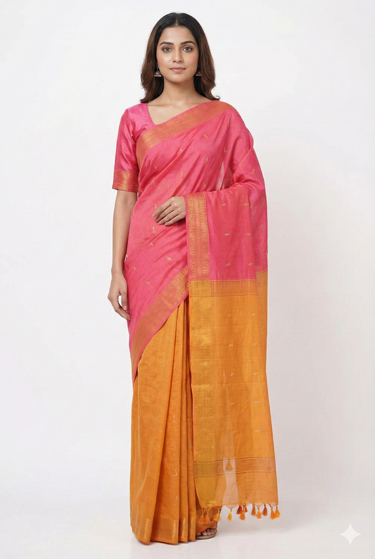 Sunlit Contrast. Soft Cotton Zari Booti Saree.