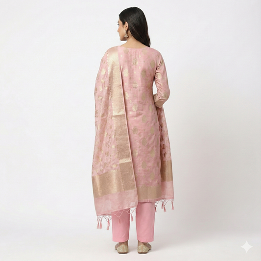 Blush Banarasi Poise. Premium Chanderi Silk Cotton Suit Set.