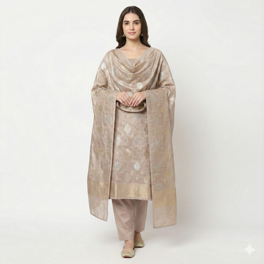 Coffee Nude Poise. Premium Banarasi Chanderi Suit Set.