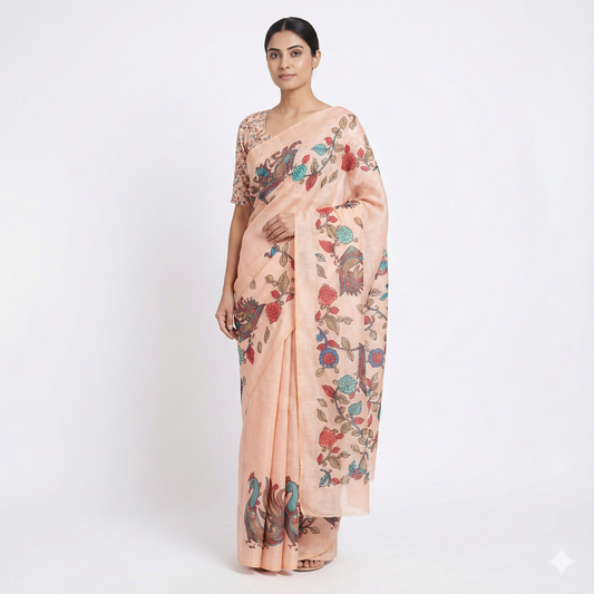 Peach Kalamkari Grace. Dupian Art Silk Saree.