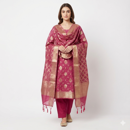 Onion Pink Heirloom. Premium Banarasi Chanderi Suit Set.