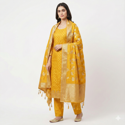 Saffron Command. Dola Silk Banarasi Suit Set.