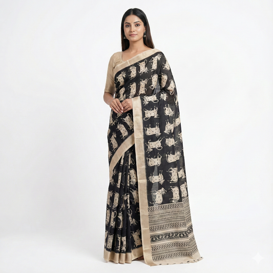 Midnight Gau Mata. Dupian Art Silk Saree.