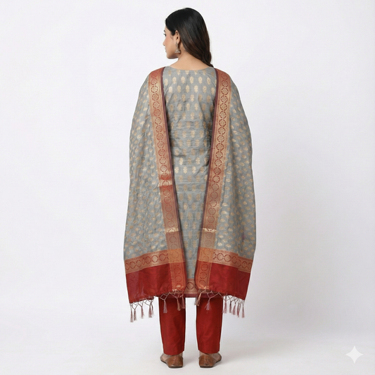 Smoked Grey Poise. Chanderi Silk Cotton Suit Set.