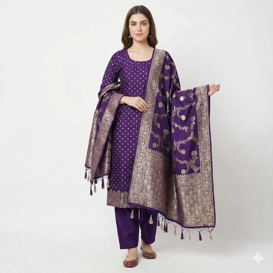 Imperial Violet. Dola Silk Banarasi Suit Set.