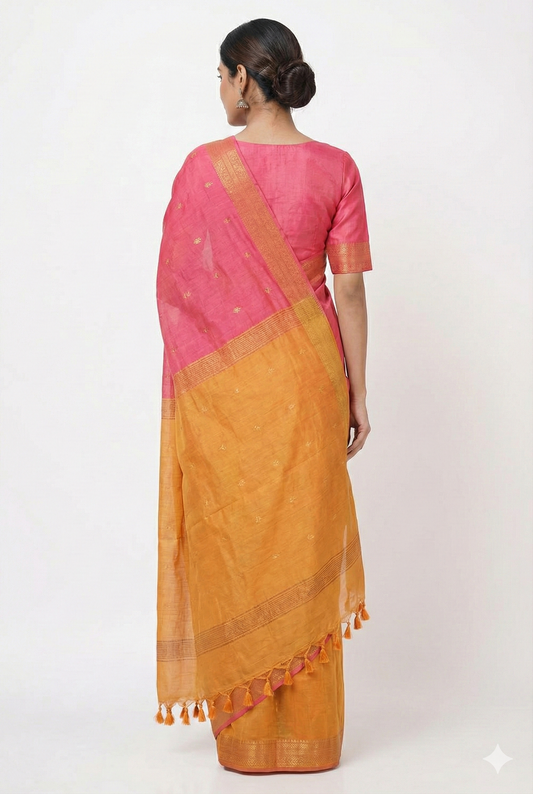 Sunlit Contrast. Soft Cotton Zari Booti Saree.