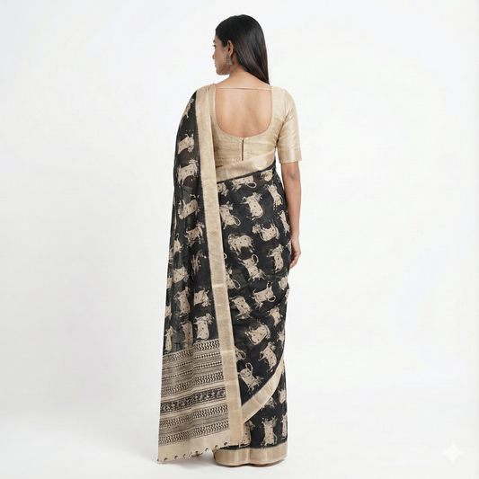 Midnight Gau Mata. Dupian Art Silk Saree.