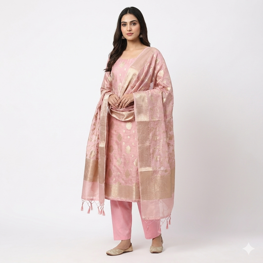 Blush Banarasi Poise. Premium Chanderi Silk Cotton Suit Set.