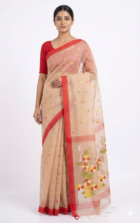 Whispered Bloom. Pure Muslin Silk Jamdani Saree.