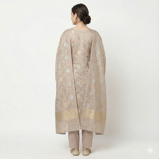 Coffee Nude Poise. Premium Banarasi Chanderi Suit Set.