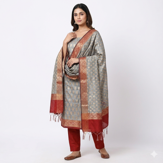 Smoked Grey Poise. Chanderi Silk Cotton Suit Set.