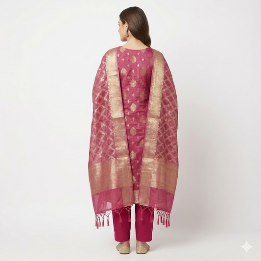 Onion Pink Heirloom. Premium Banarasi Chanderi Suit Set.