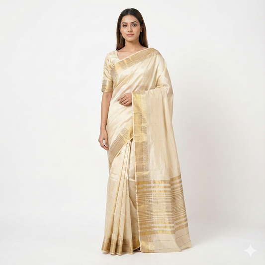 Beige Stillness. Semi Chanderi Silk Cotton Saree.